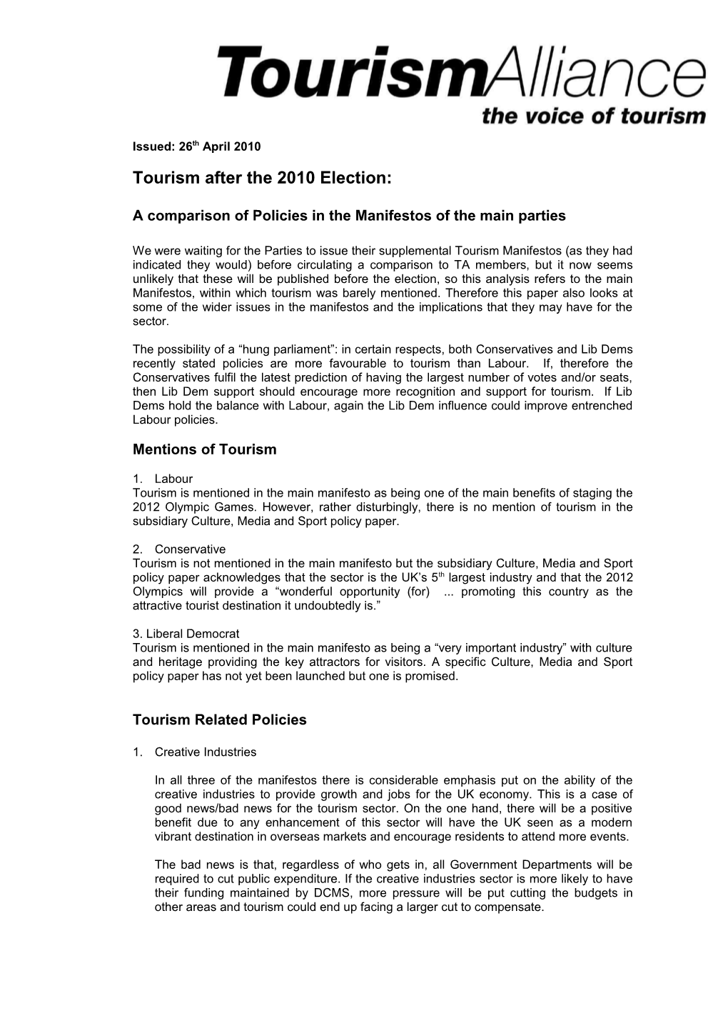 2010 Election - Manifestos Comparison