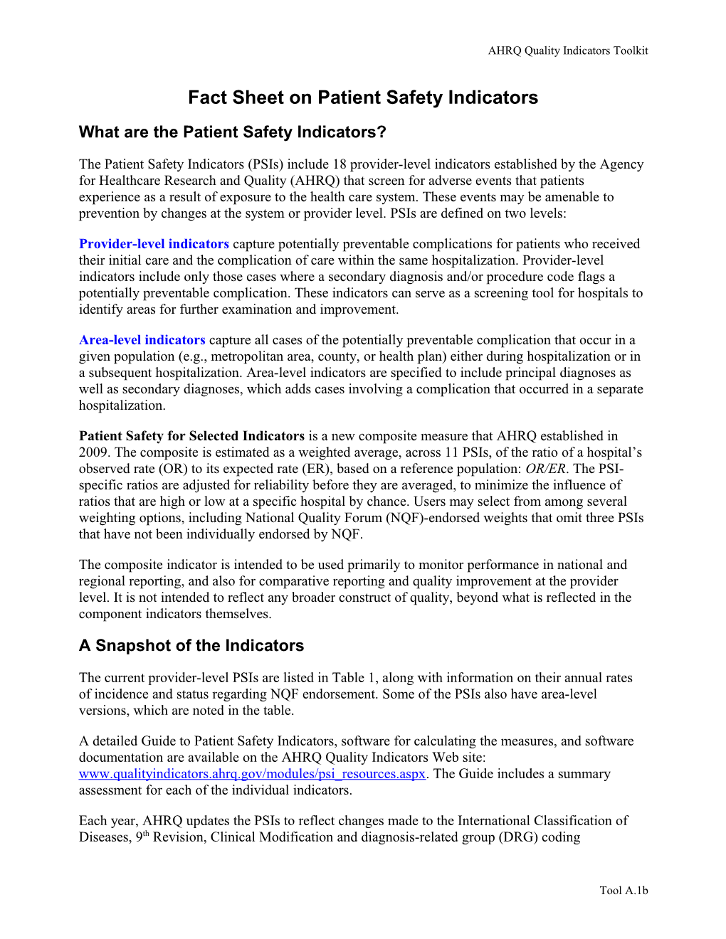 AHRQ Quality Indicators Fact Sheet