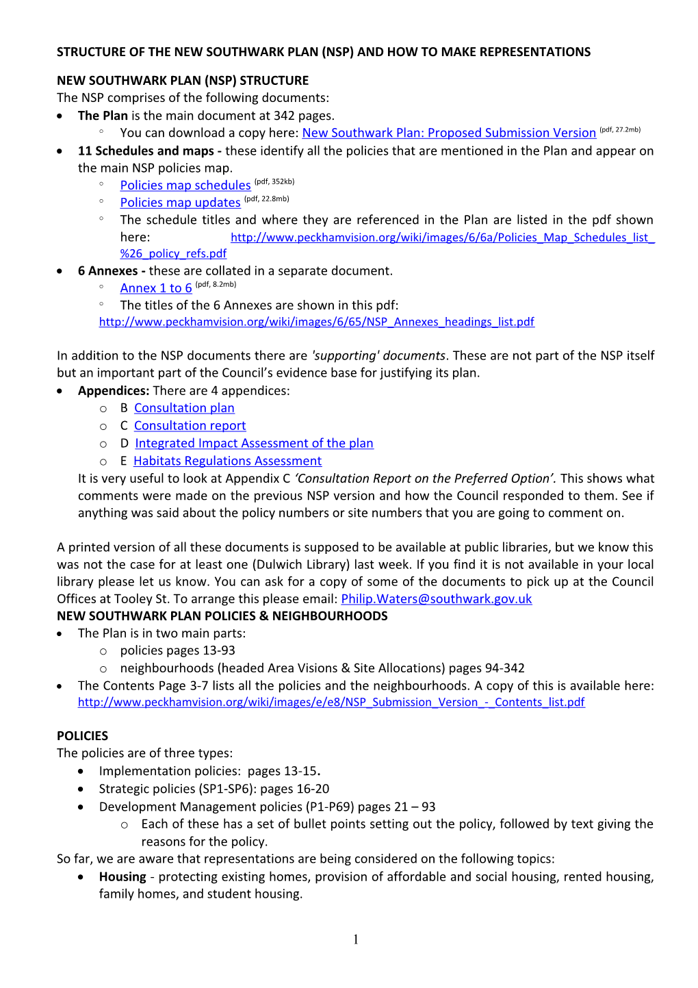 Structure of the New Southwark Plan (Nsp) and How to Make Representations