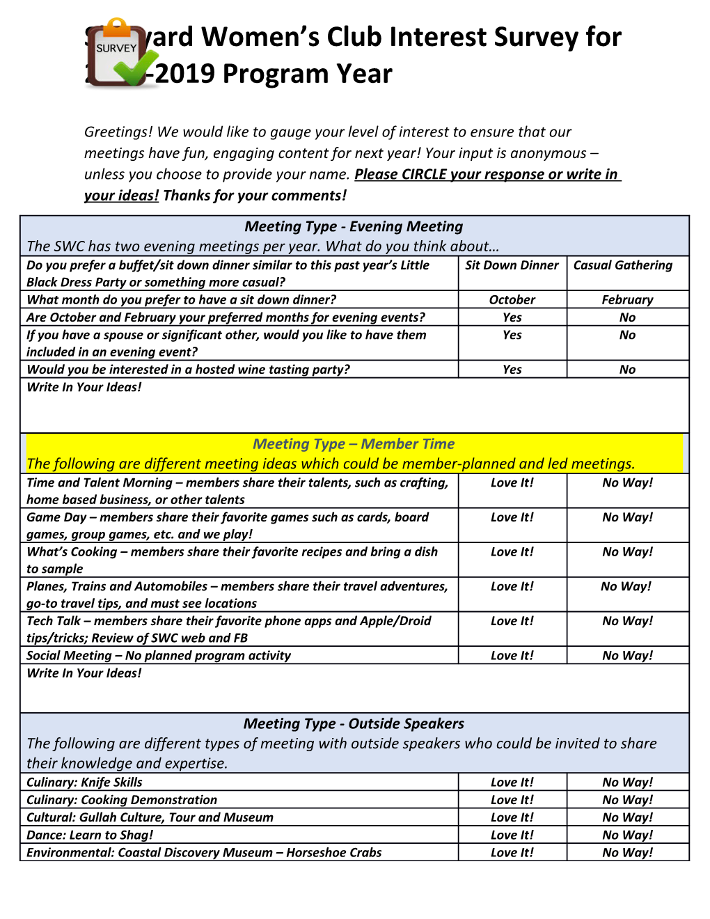 Shipyard Women S Club Interest Survey for 2018-2019 Program Year