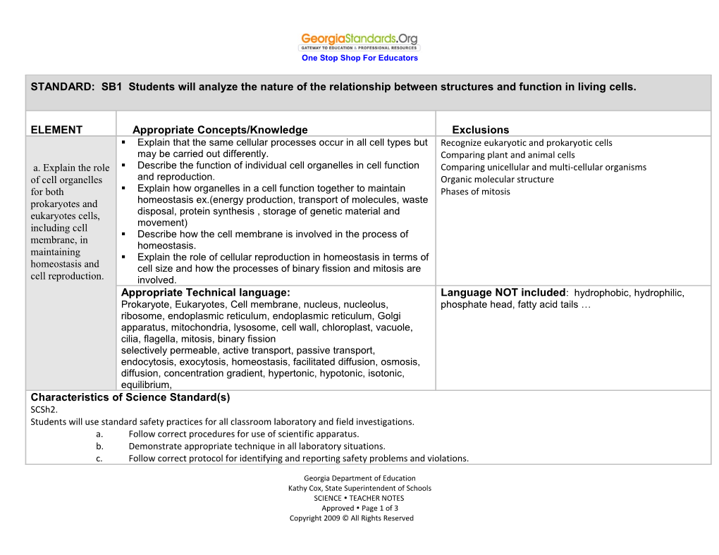 STANDARD: SB1 Students Will Analyze the Nature of the Relationship Between Structures And