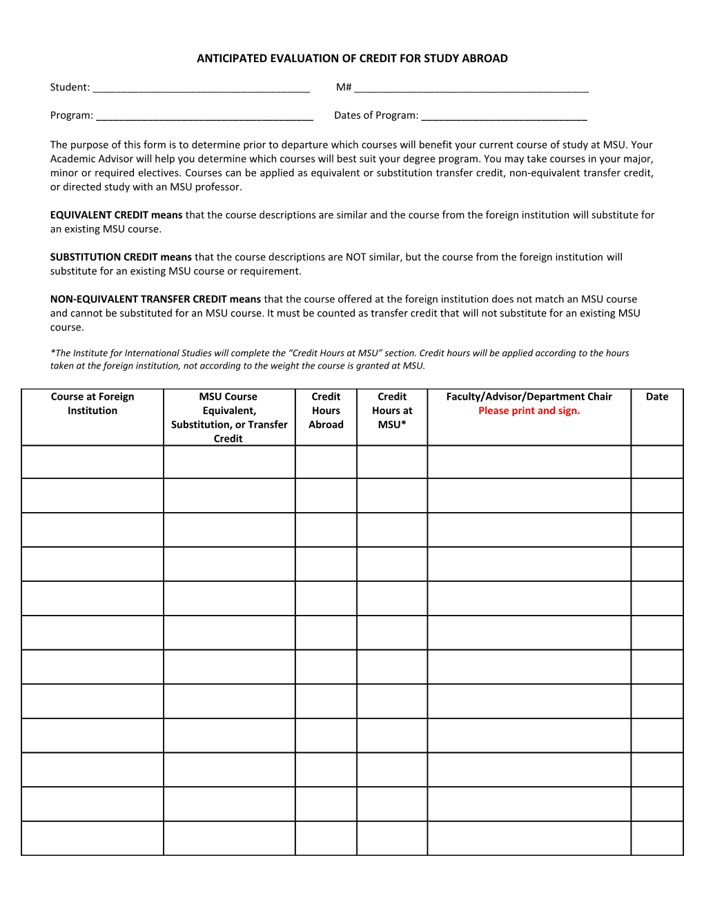 Anticipated Evaluation of Credit for Overseas Exchange Study