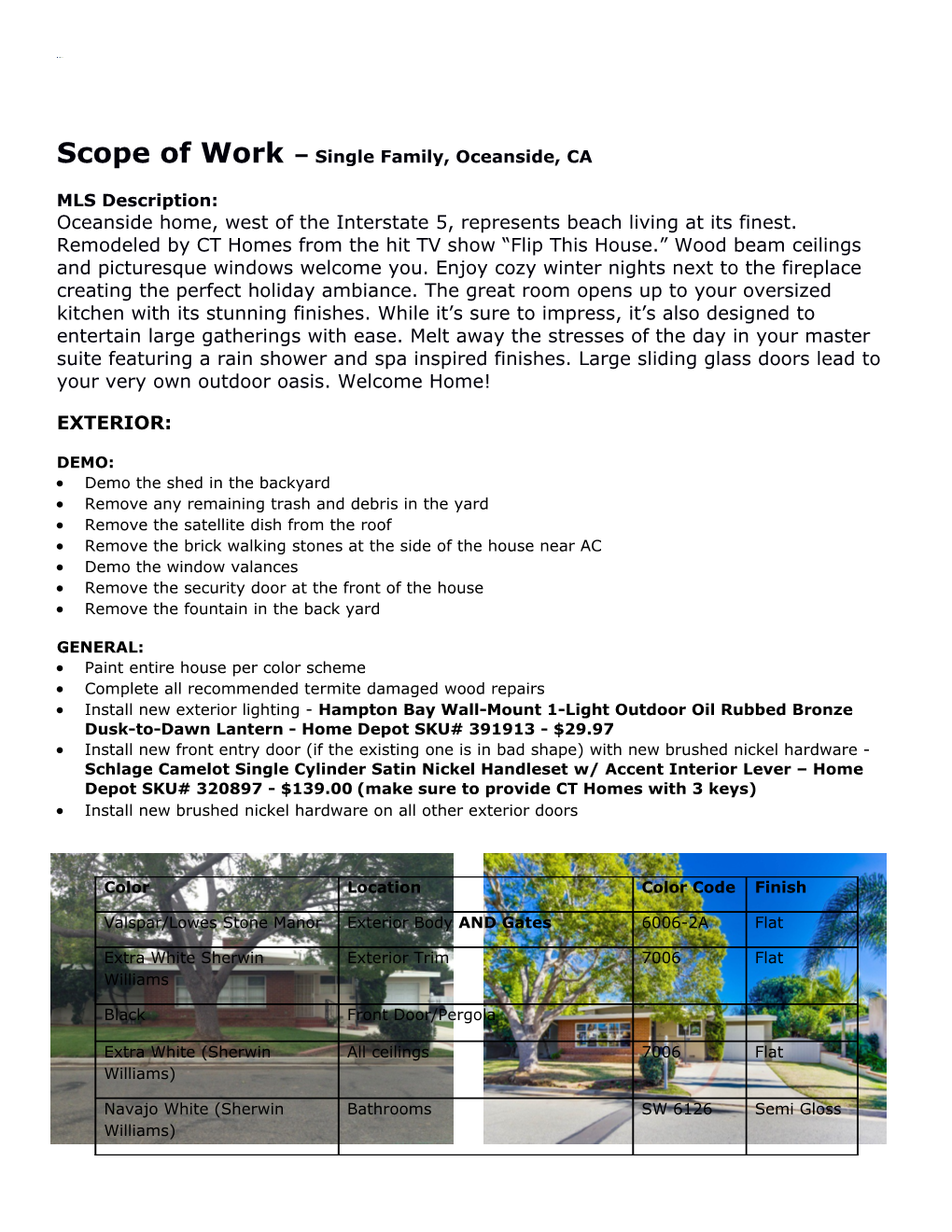 Scope of Work Single Family, Oceanside , CA