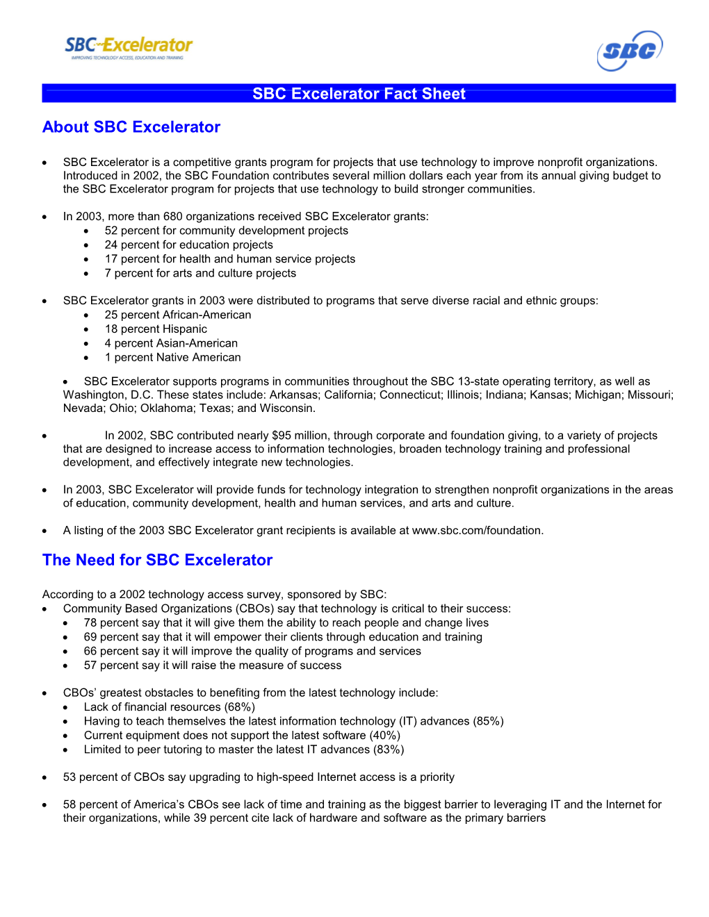 SBC Excelerator Fact Sheet