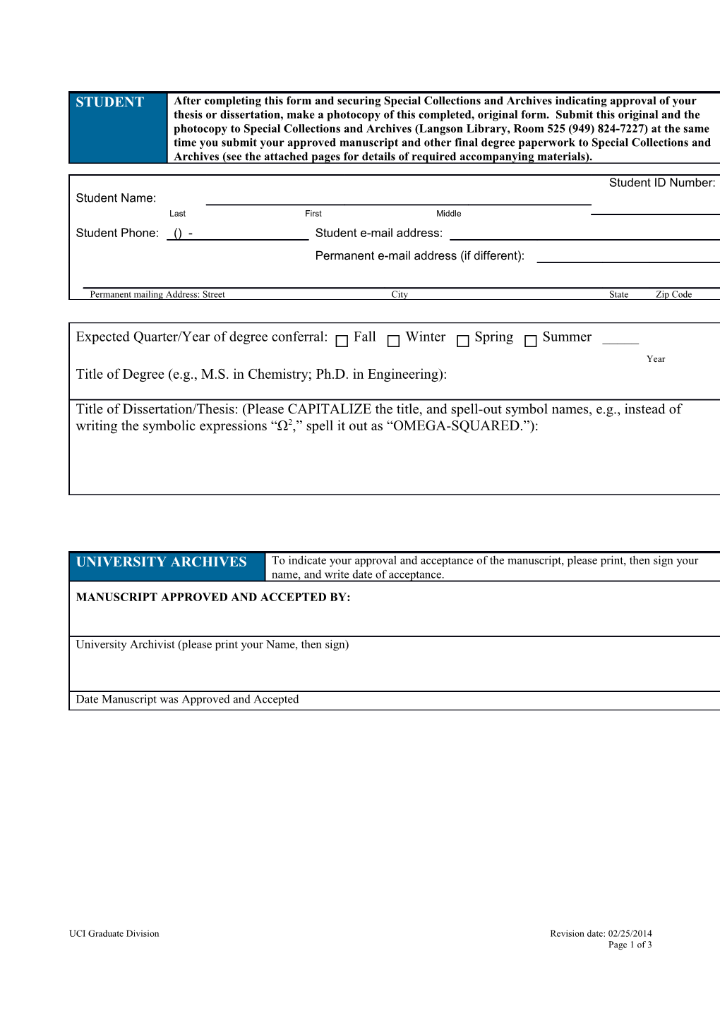 Ph.D. Dissertation Paper Submission Checklist (See the Next Page for the Master's Thesis