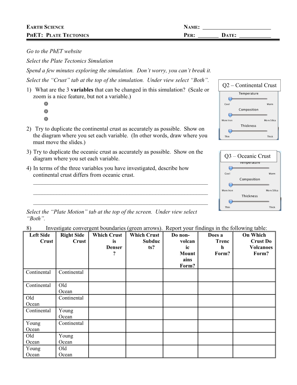 Phet: Plate Tectonics Per: Date