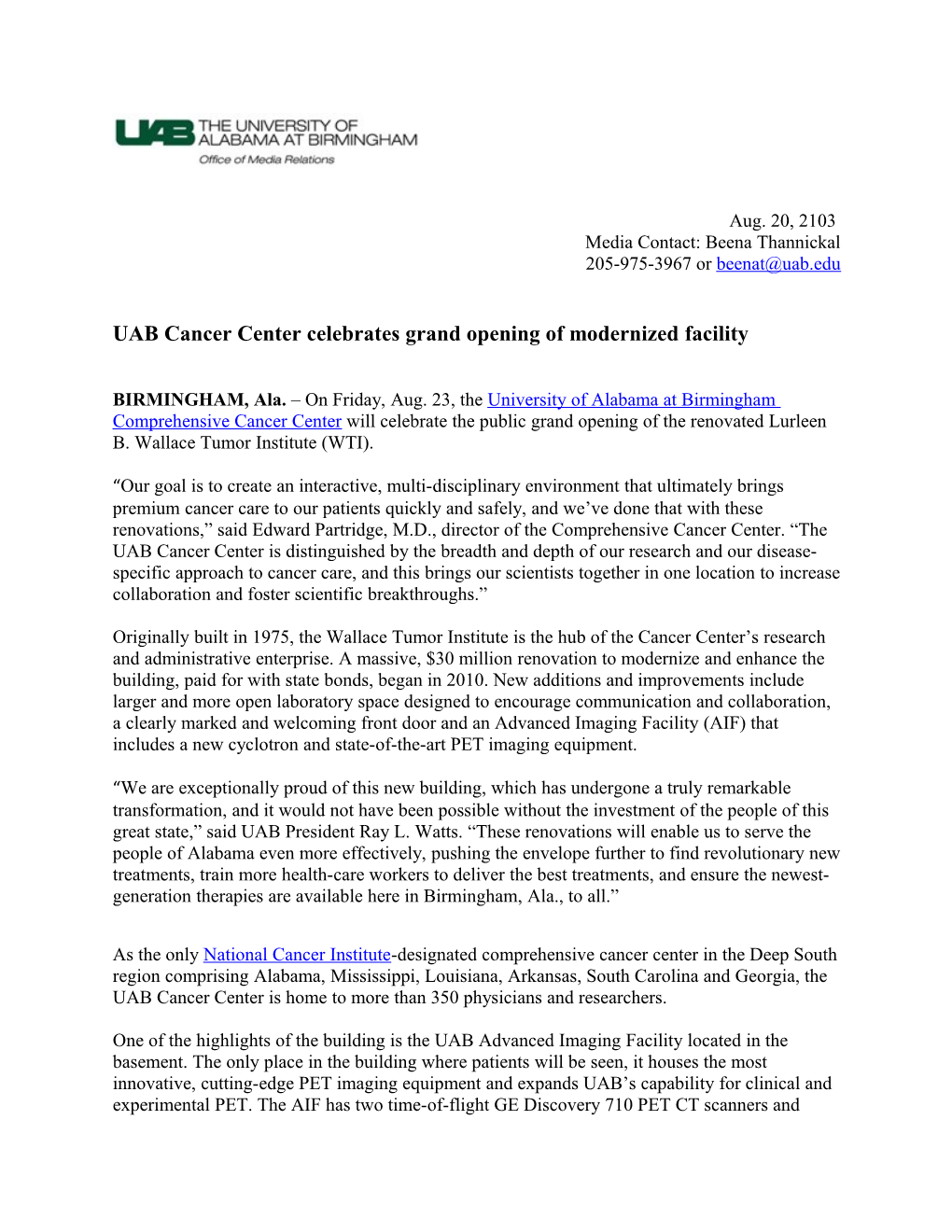 UAB Cancer Center Celebrates Grand Opening of Modernized Facility