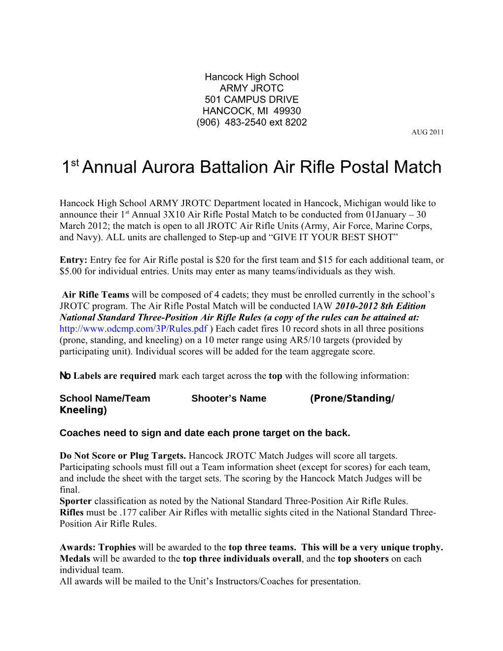 1St Annual Aurora Battalion Air Rifle Postal Match