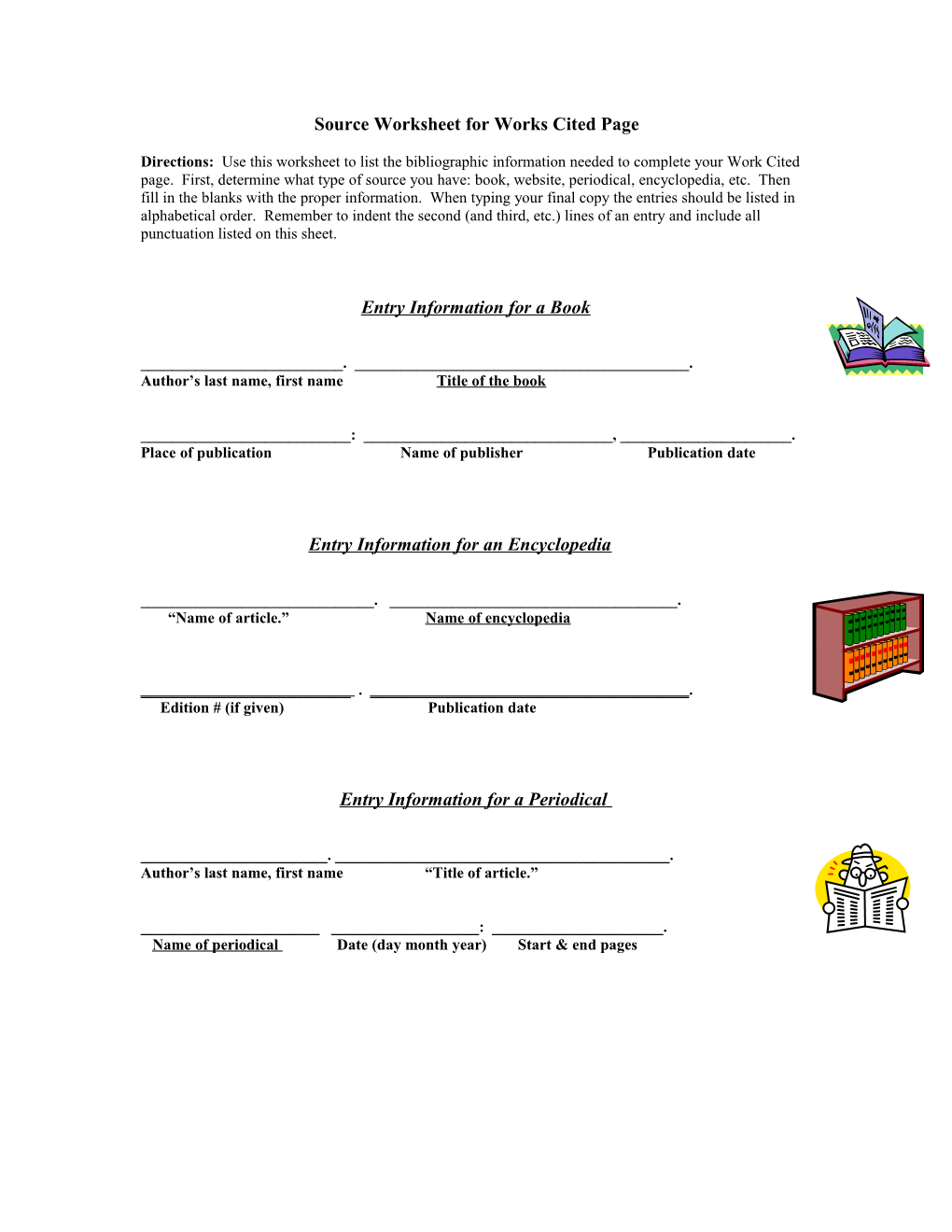 Source Worksheet for Works Cited Page