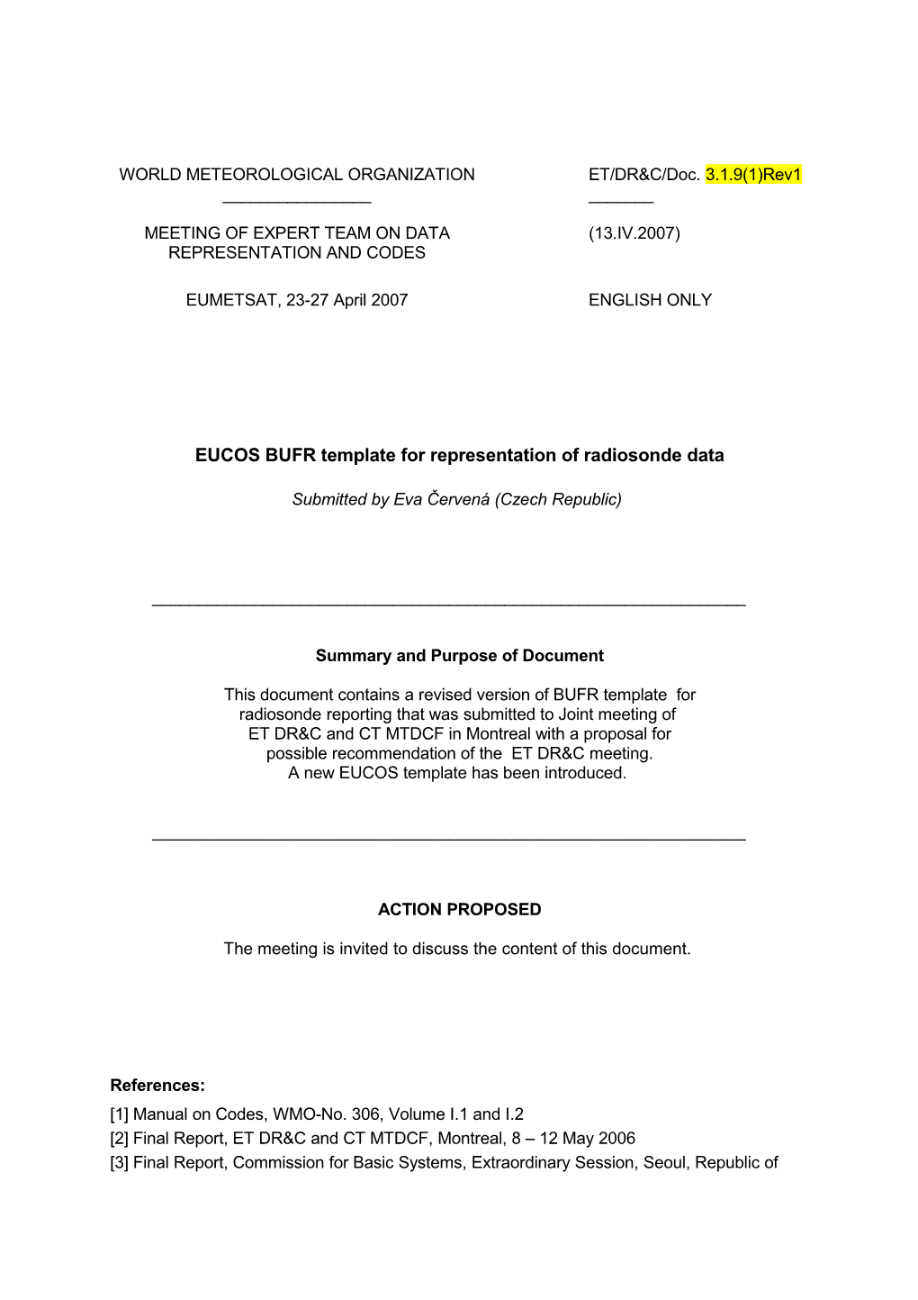 EUCOS BUFR Template for Radiosonde Data