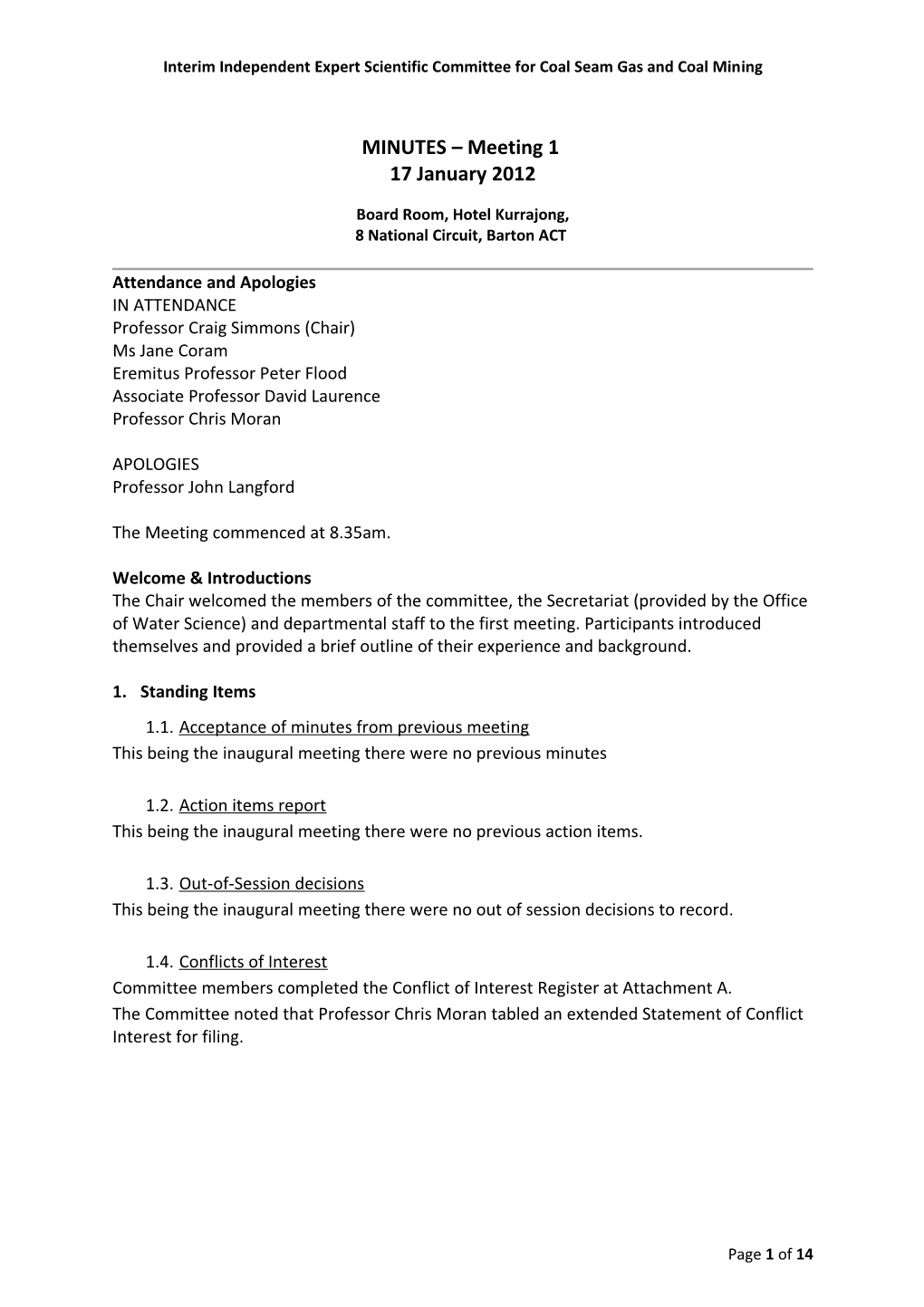 Interim Independent Expert Scientific Committee for Coal Seam Gas and Coal Mining - Minutes