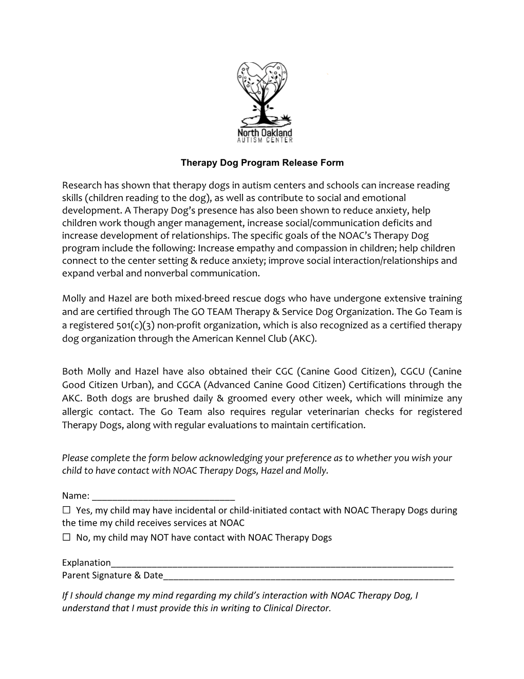Therapy Dog Program Release Form