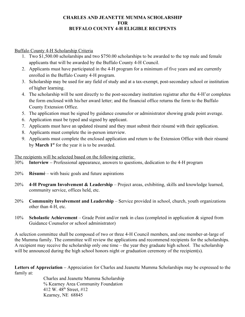 Proposed Fillmore County 4-H Scholarship Criteria