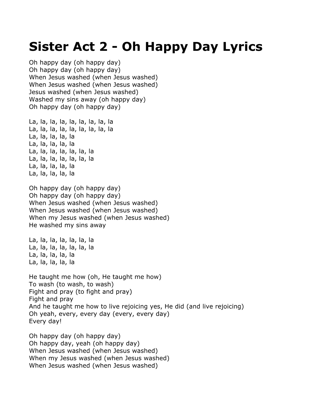 Sister Act 2 - Oh Happy Day Lyrics