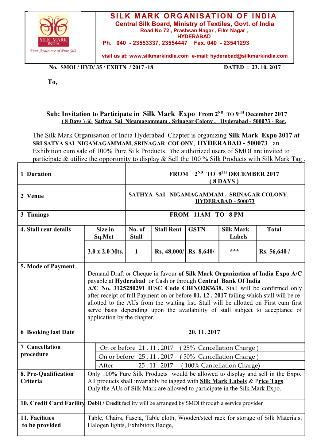 No. SMOI / HYD/ 35 / EXBTN / 2017 -18 DATED : 23. 10. 2017