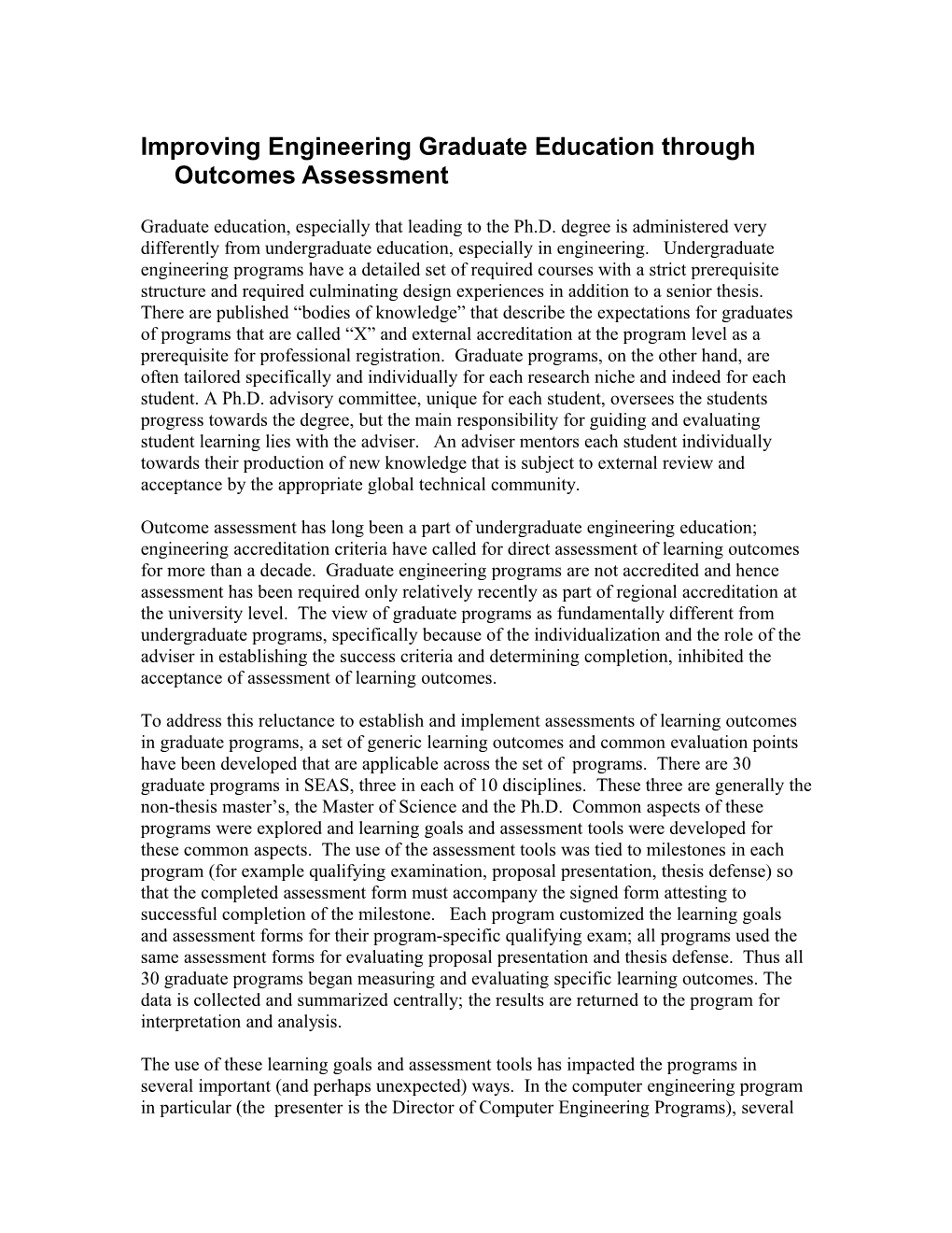 Improving Engineering Graduate Education Through Outcomes Assessment