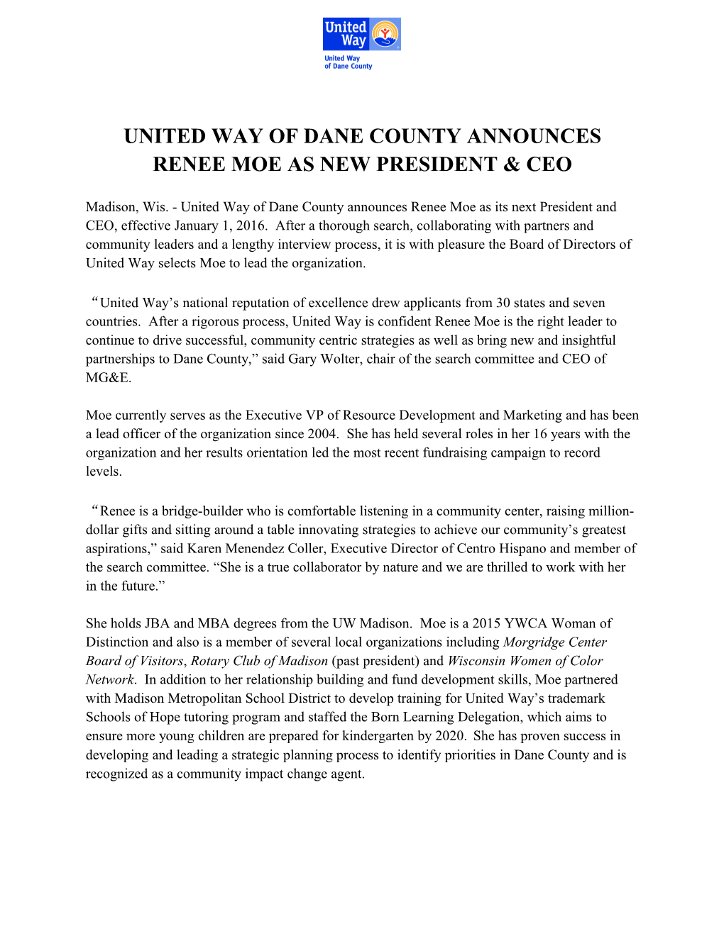 United Way of Dane County Announces Renee Moe As New President Ceo