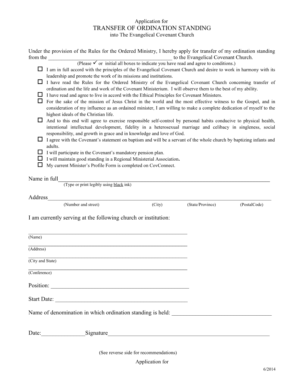 Application for Transfer of Ordination Standing