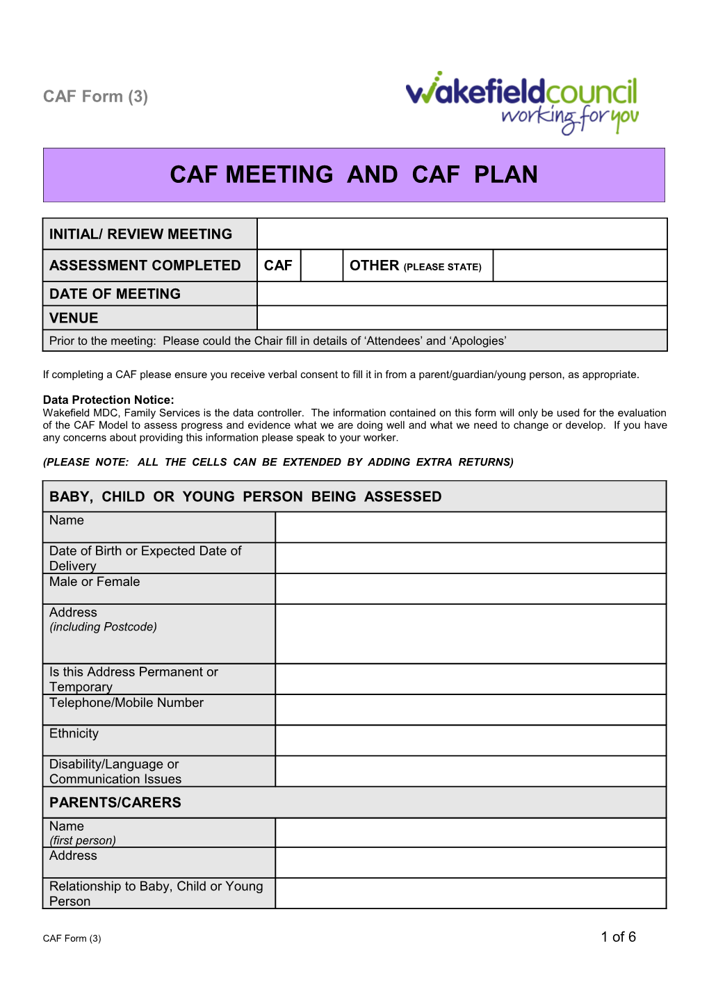 Common Assessment Framework - Child Wellbeing Plan