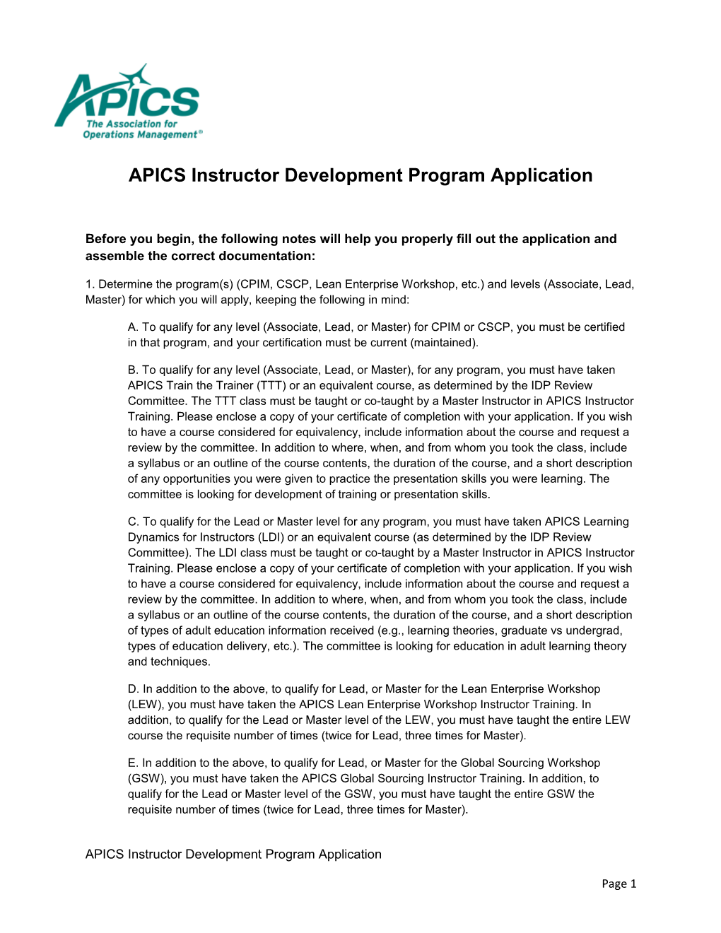 APICS Instructor Development Program Application