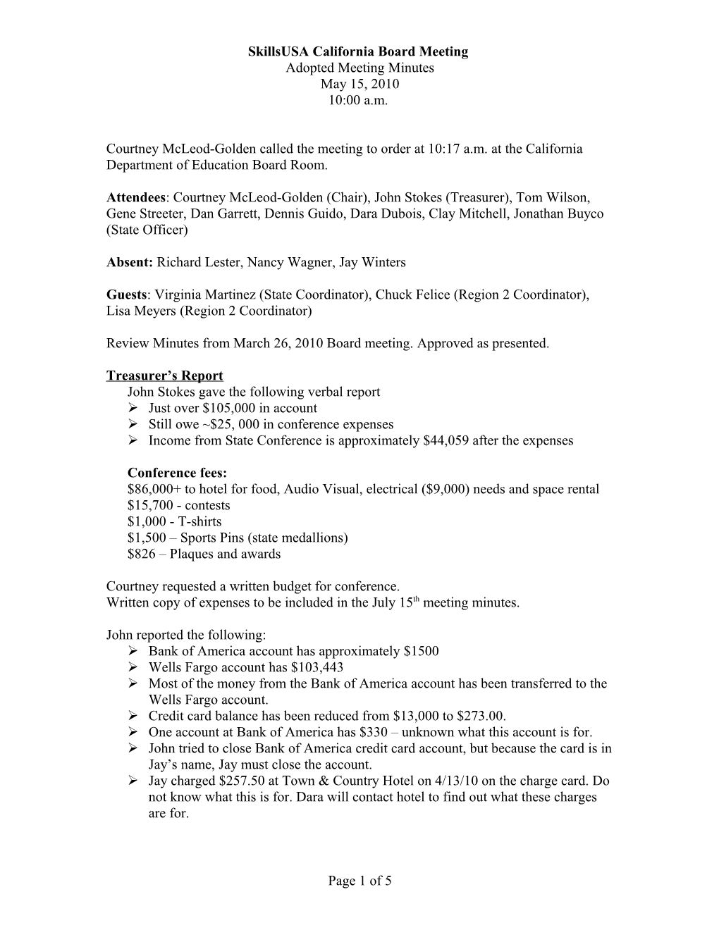 Skillsusa California Board Meeting Minutes