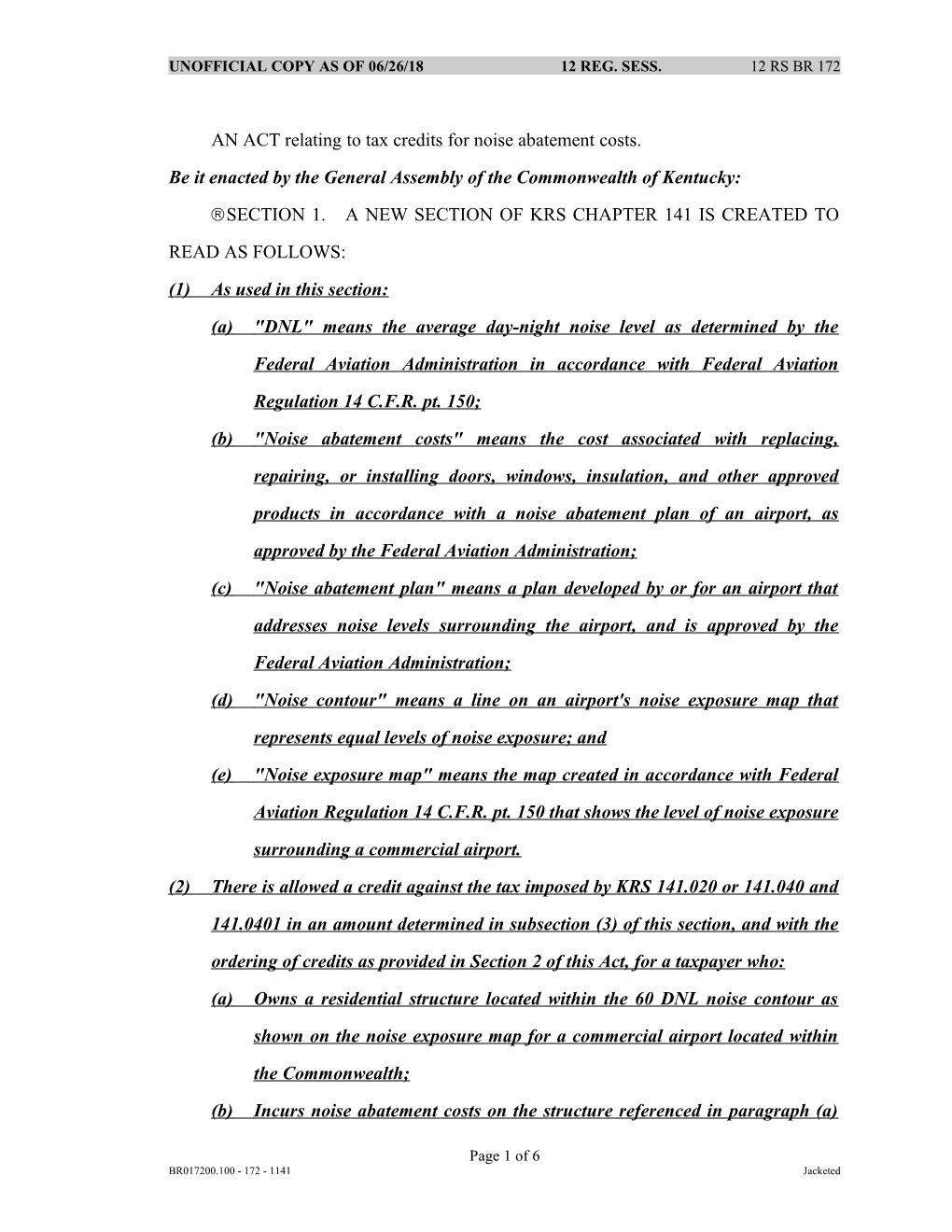 AN ACT Relating to Tax Credits for Noise Abatement Costs