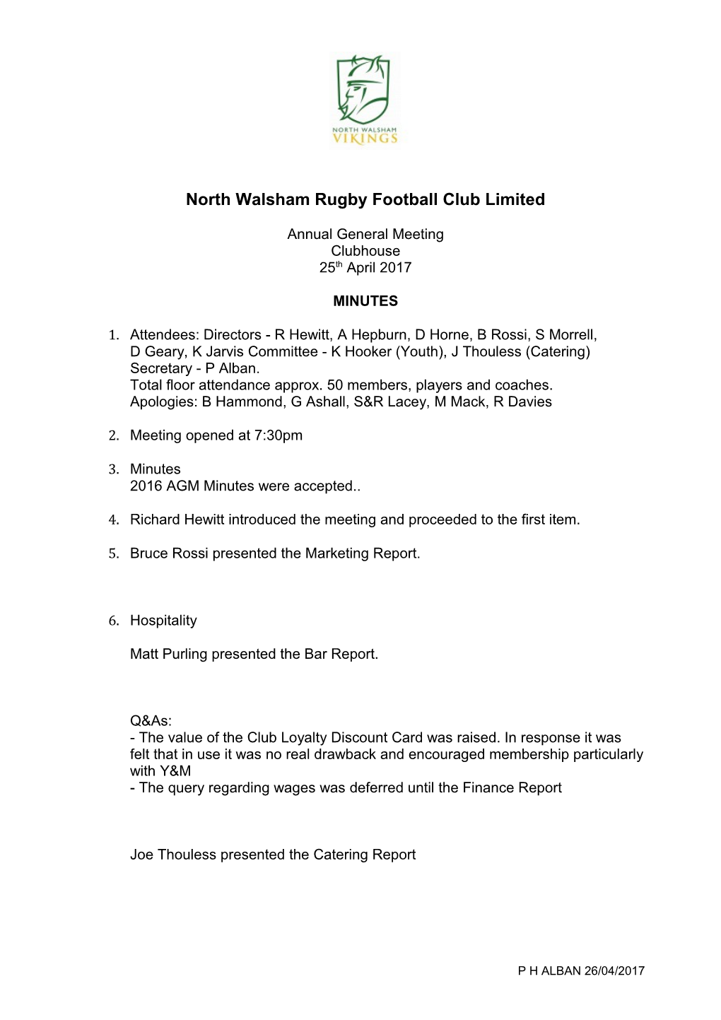 North Walsham Rugby Football Club Limited