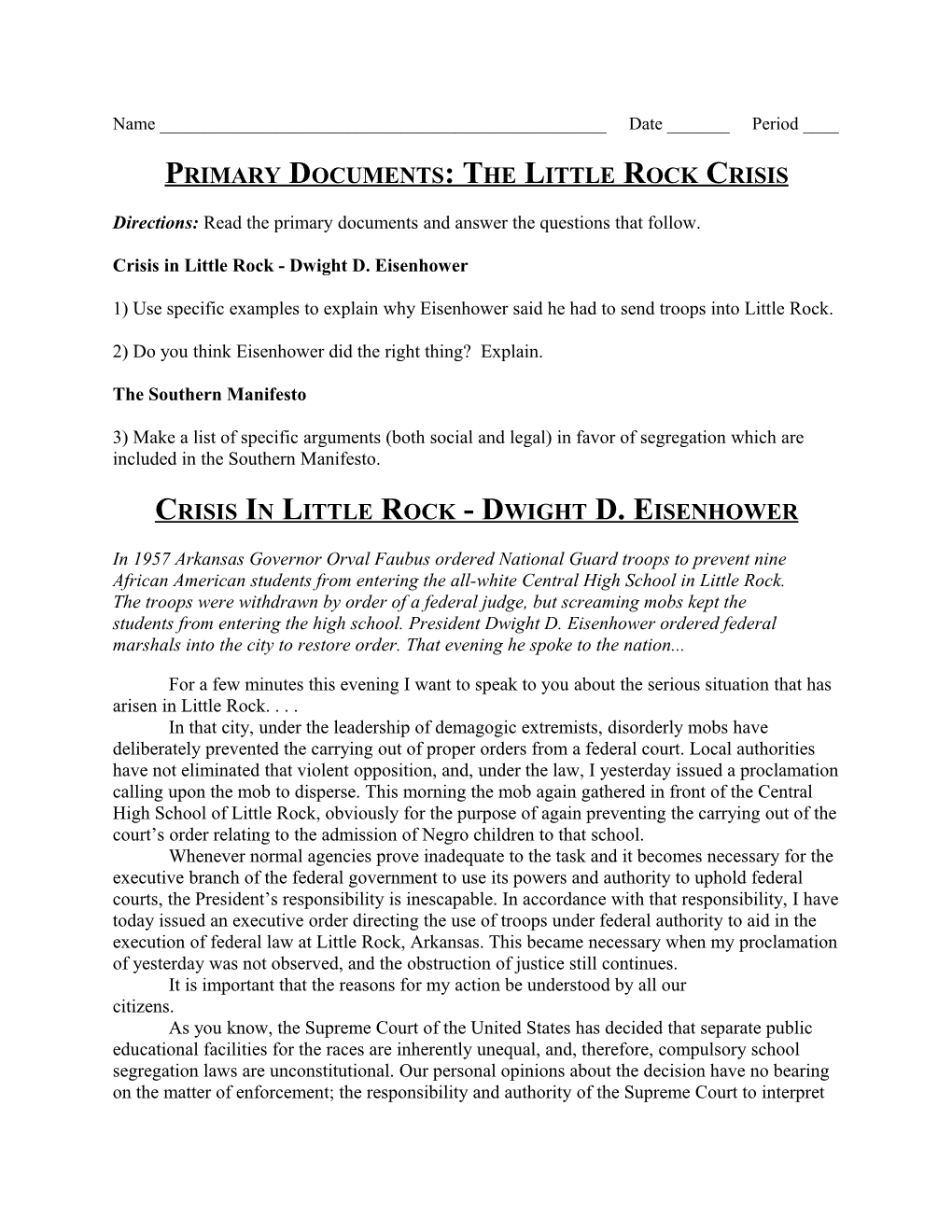 Primary Documents: the Little Rock Crisis