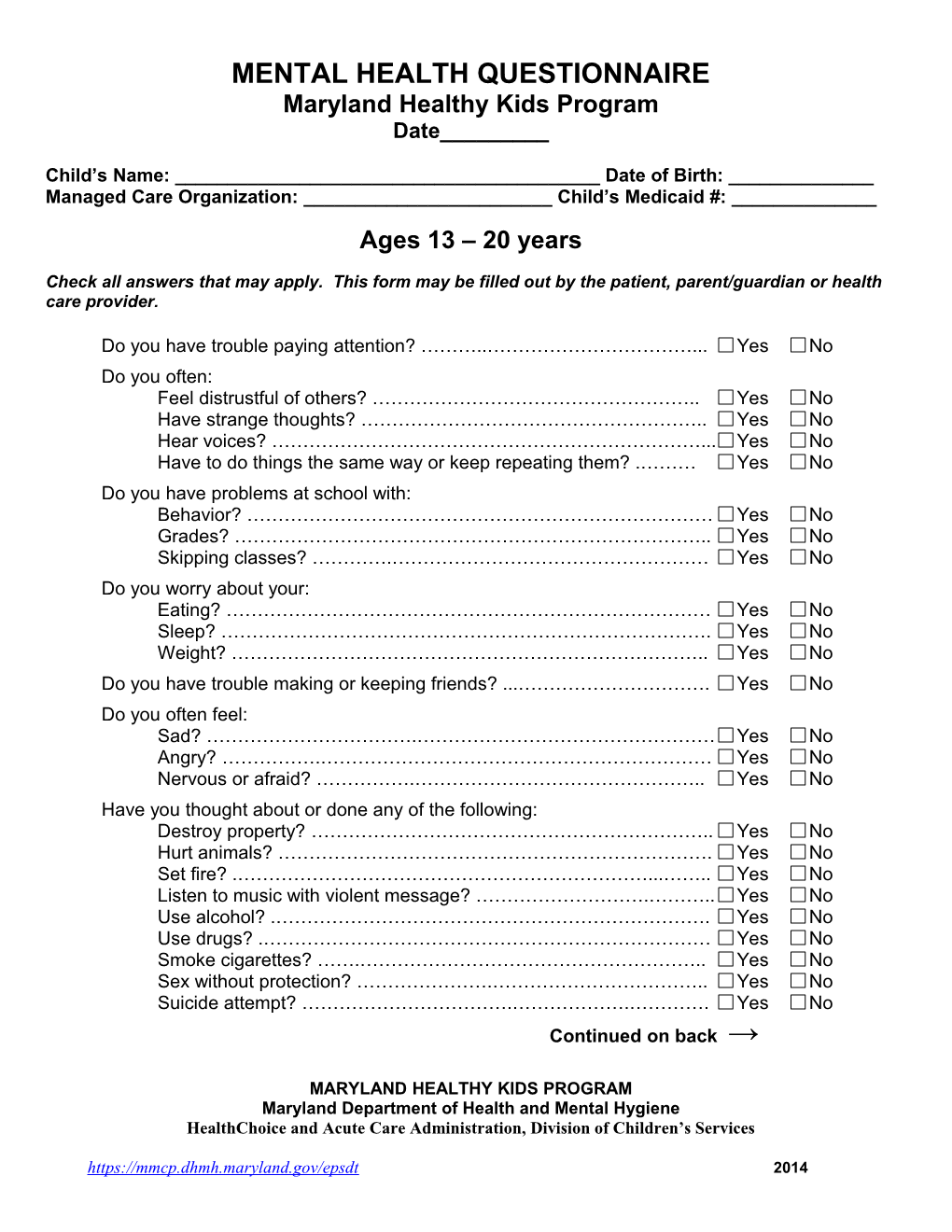Mental Health Questionnaire
