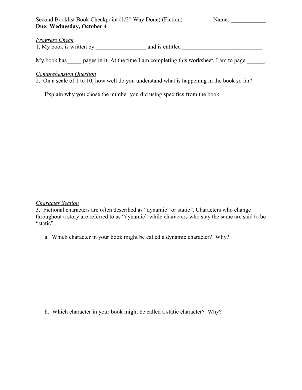 Second Booklist Book Checkpoint (1/2Th Way Done) (Fiction)Name: ______