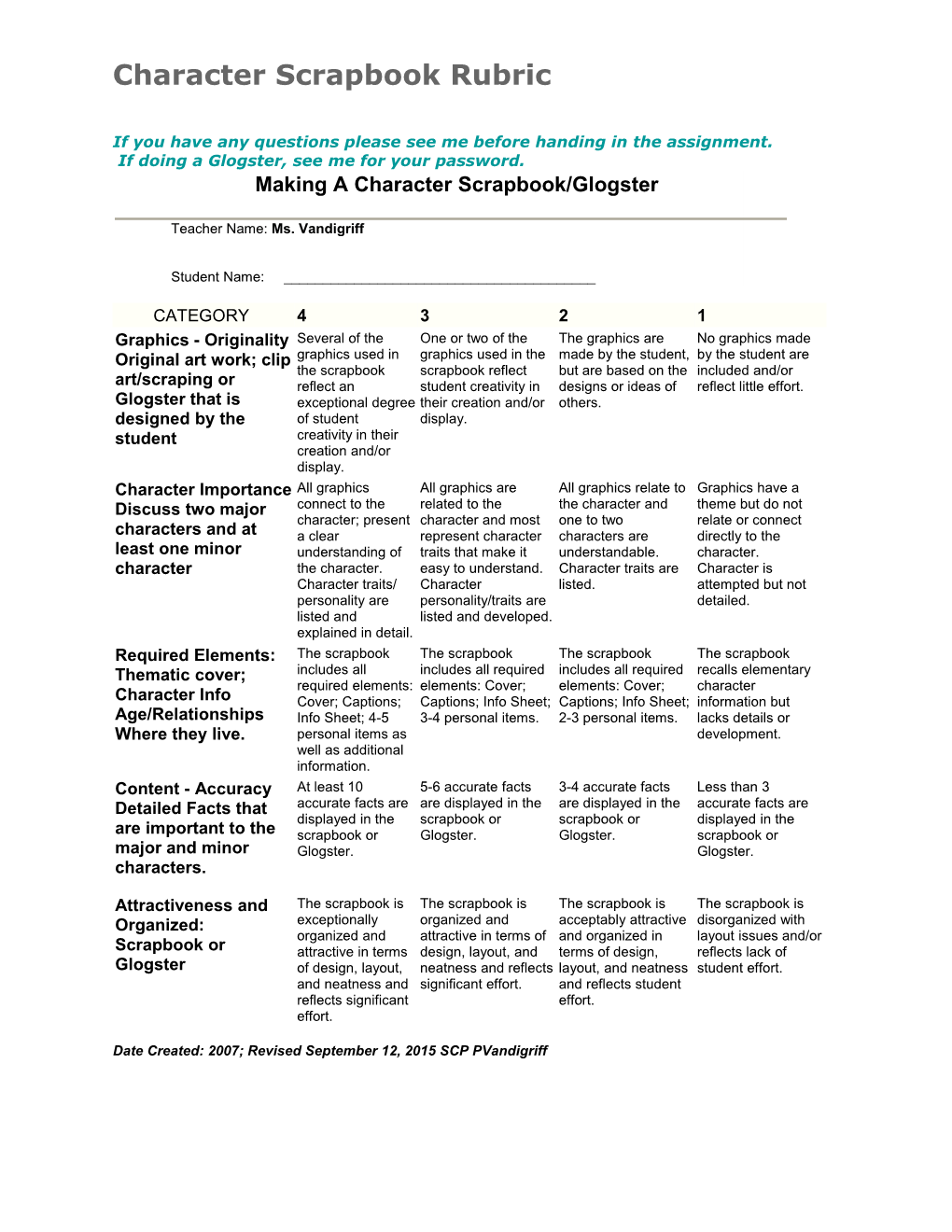 Character Scrapbook Rubric