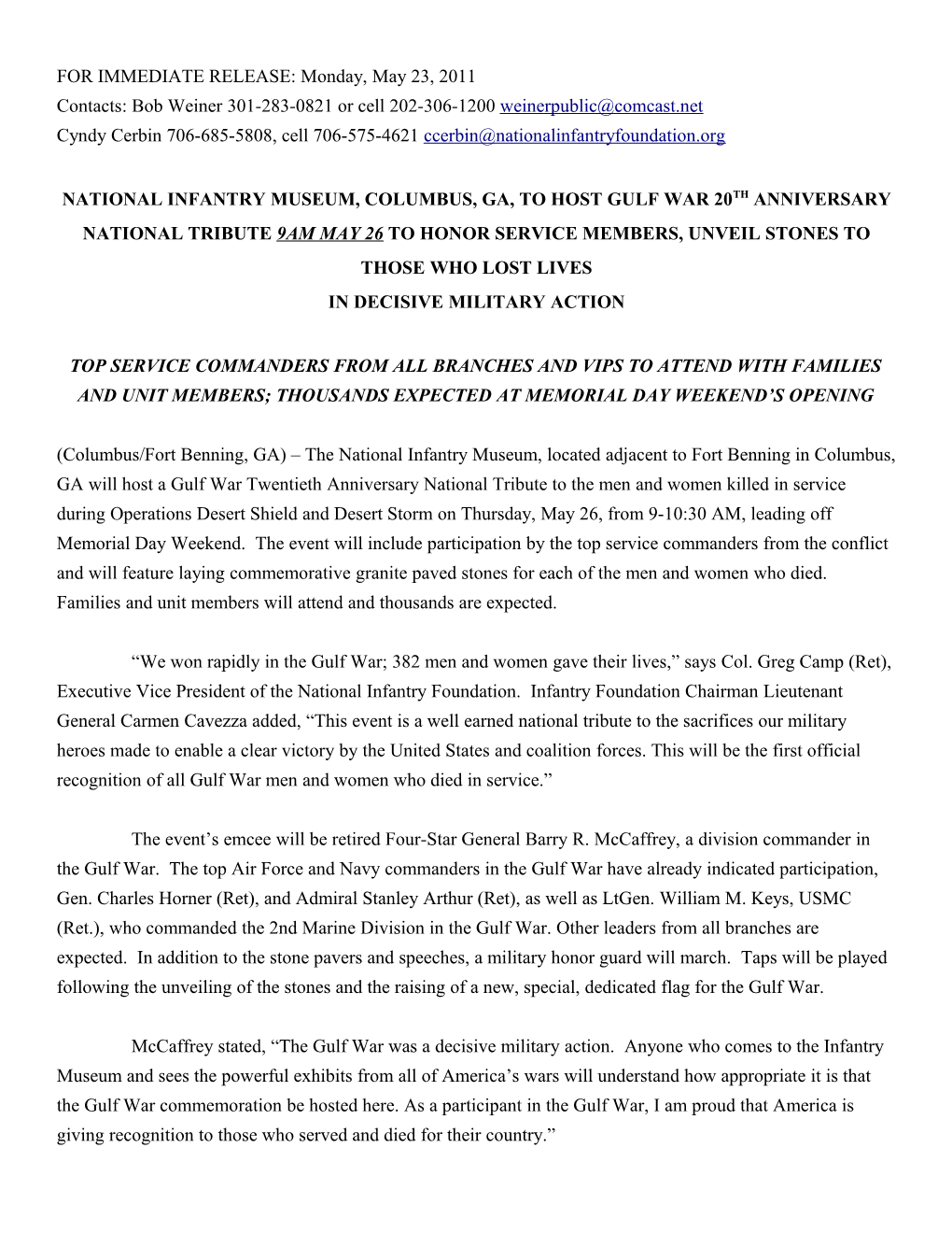 FOR IMMEDIATE RELEASE: Monday, May 23, 2011