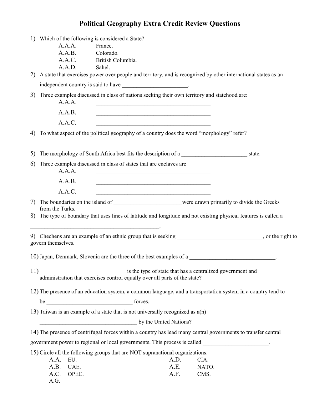 Political Geography Extra Credit Review Questions