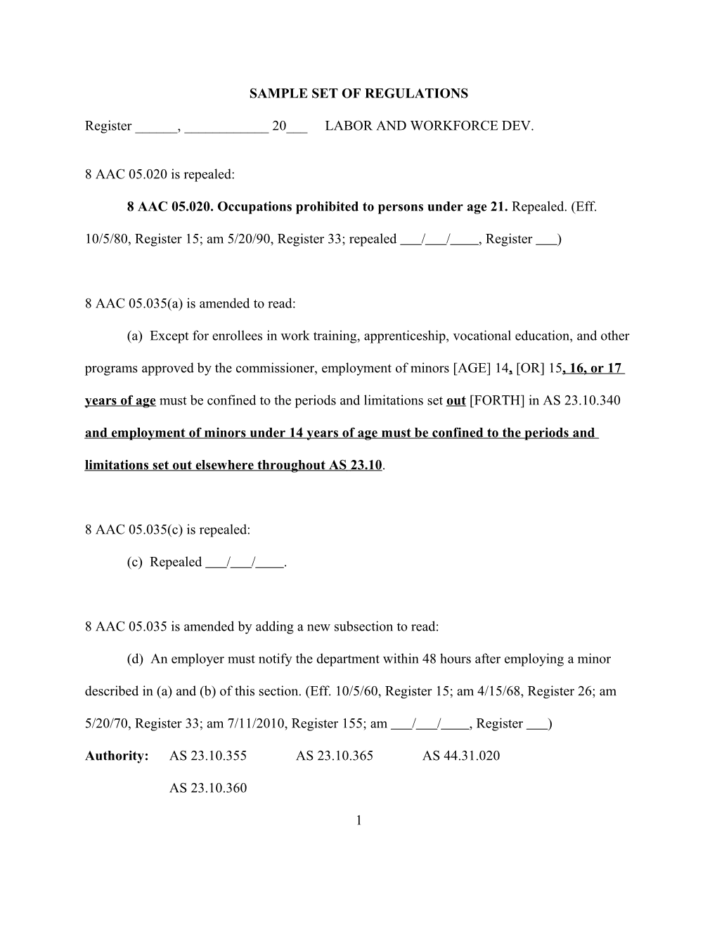 Sample Set of Regulations