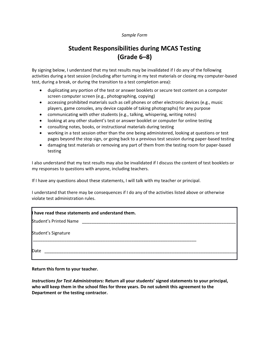 Student Responsibilities During MCAS Testing (Grade 6 8)