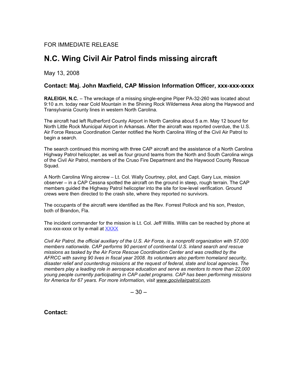 N.C. Wing Civil Air Patrol Finds Missing Aircraft