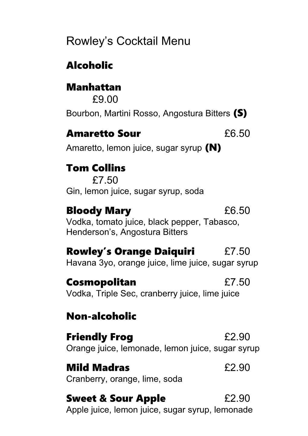 Rowley S Cocktail Menu