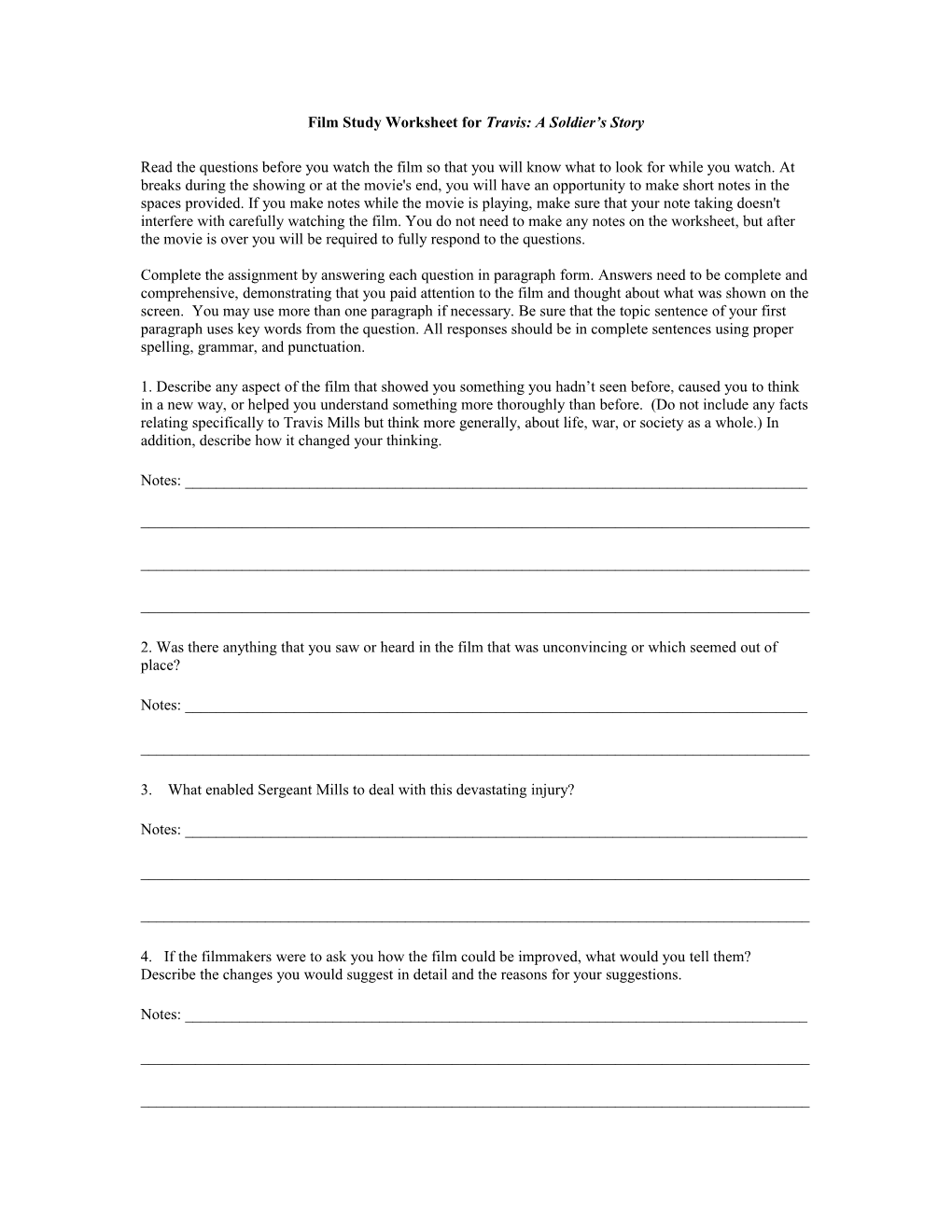 Film Study Worksheet for Travis: a Soldier S Story