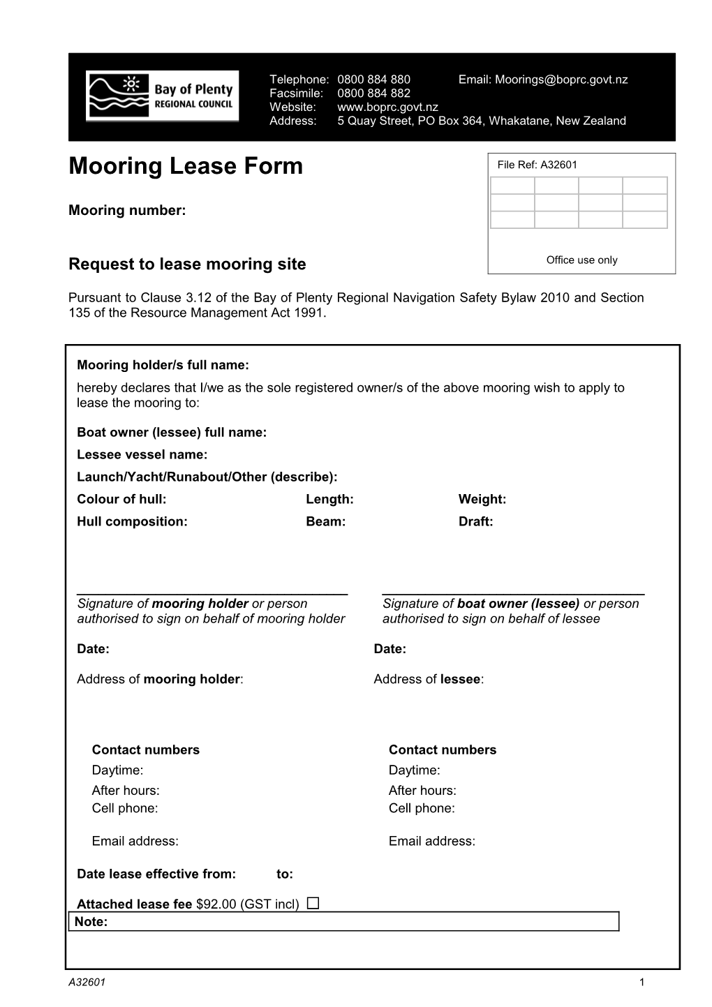 Request to Lease Mooring Site
