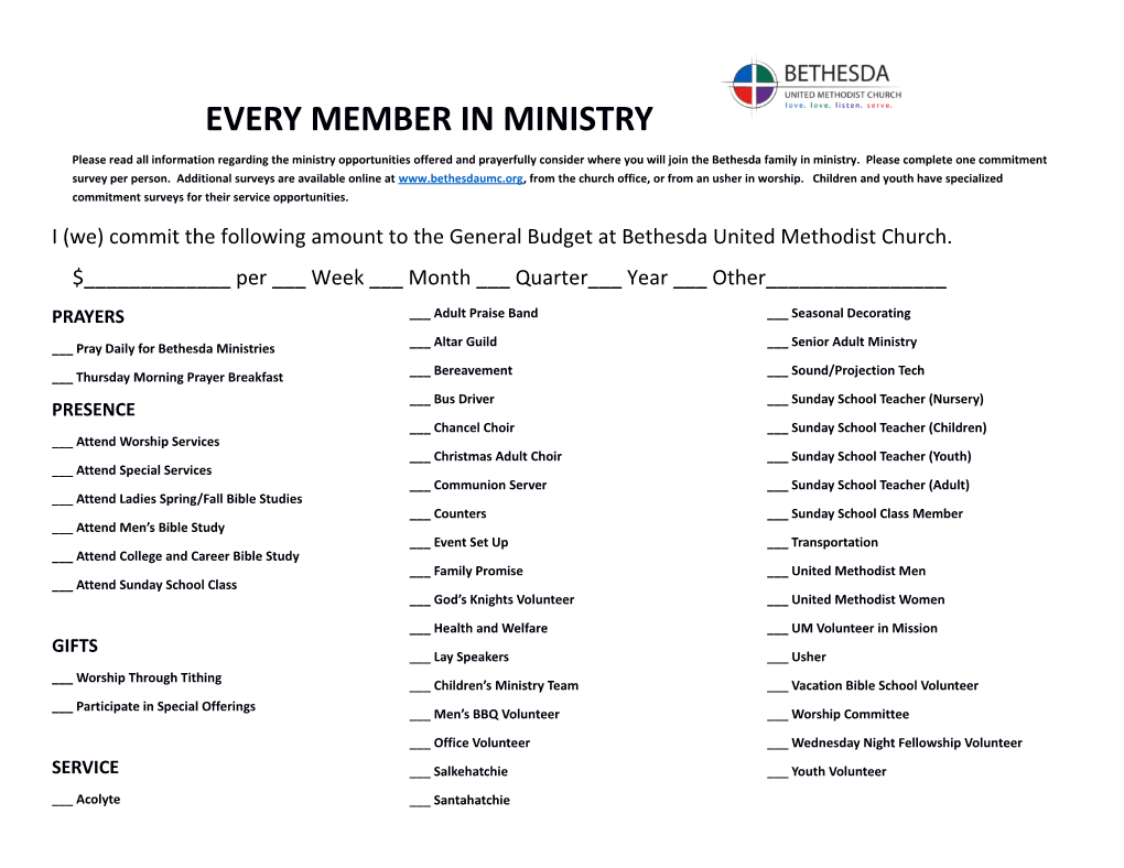 I(We) Commit the Following Amount to the General Budget at Bethesda United Methodist Church