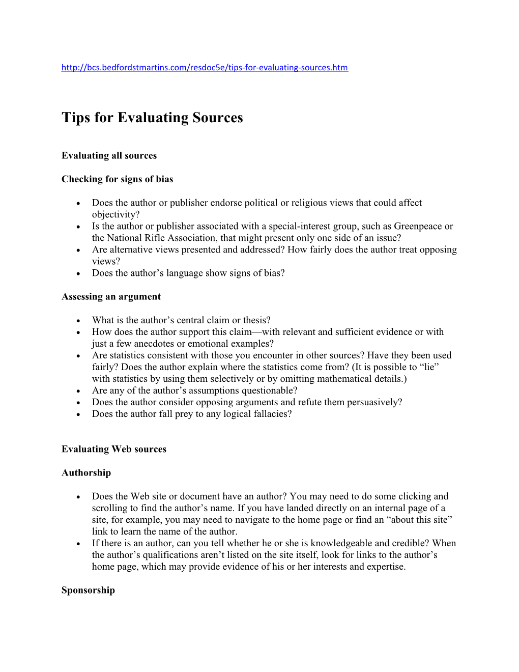 Tips for Evaluating Sources