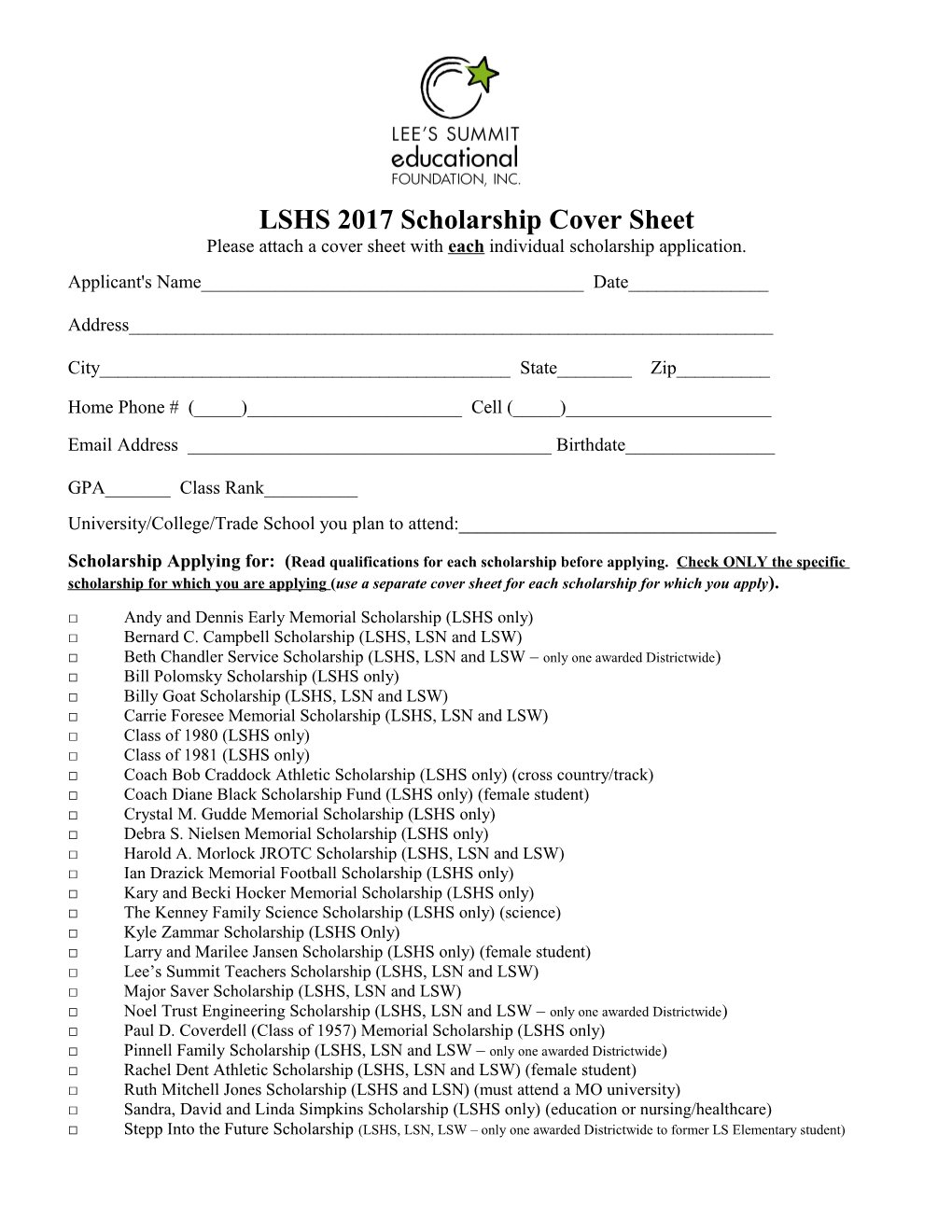 LSHS 2017 Scholarship Cover Sheet