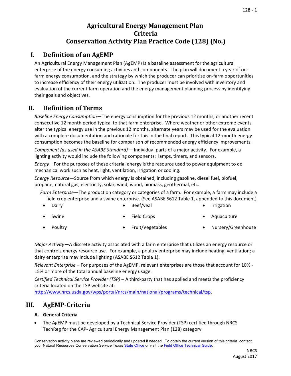 Conservation Activity Plan Practice Code (128) (No.)