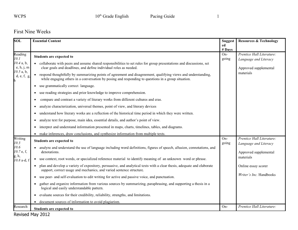 WCPS 10Th Grade English Pacing Guide 1