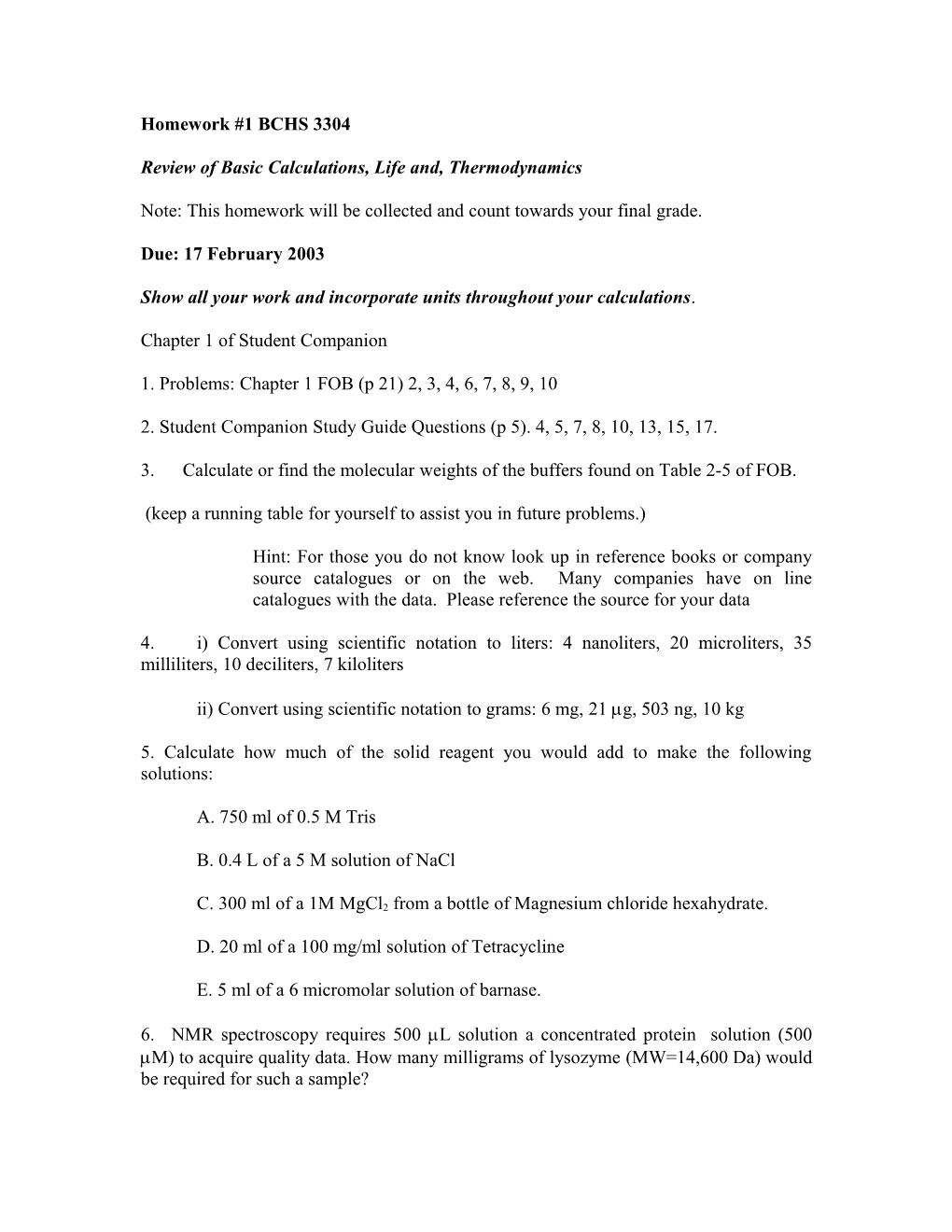 Review of Basic Calculations, Life And, Thermodynamics