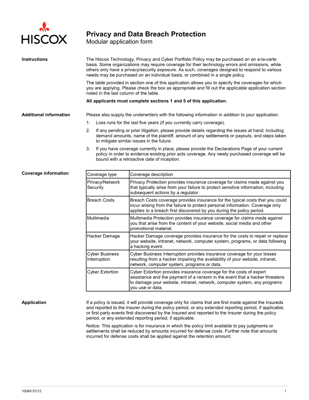 Privacy and Data Breach Protection Modular Application Form