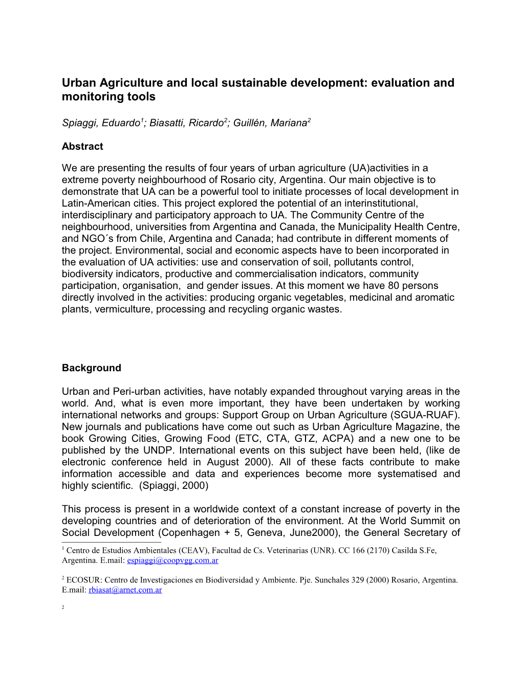 Urban Agriculture and Local Sustainable Development: Evaluation and Monitoring Tools