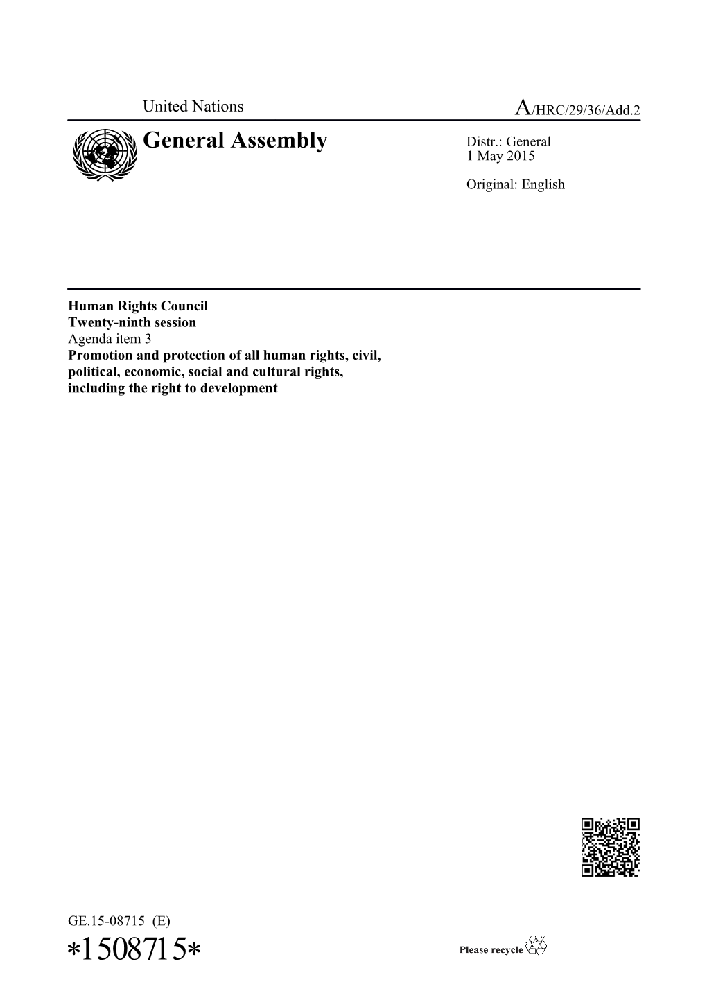 Report of the Special Rapporteur on the Human Rights of Internally Displaced Persons, Addendum