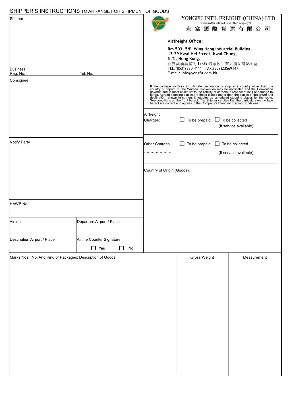 Shipper S Instructions to Attange for Shipment of Goods