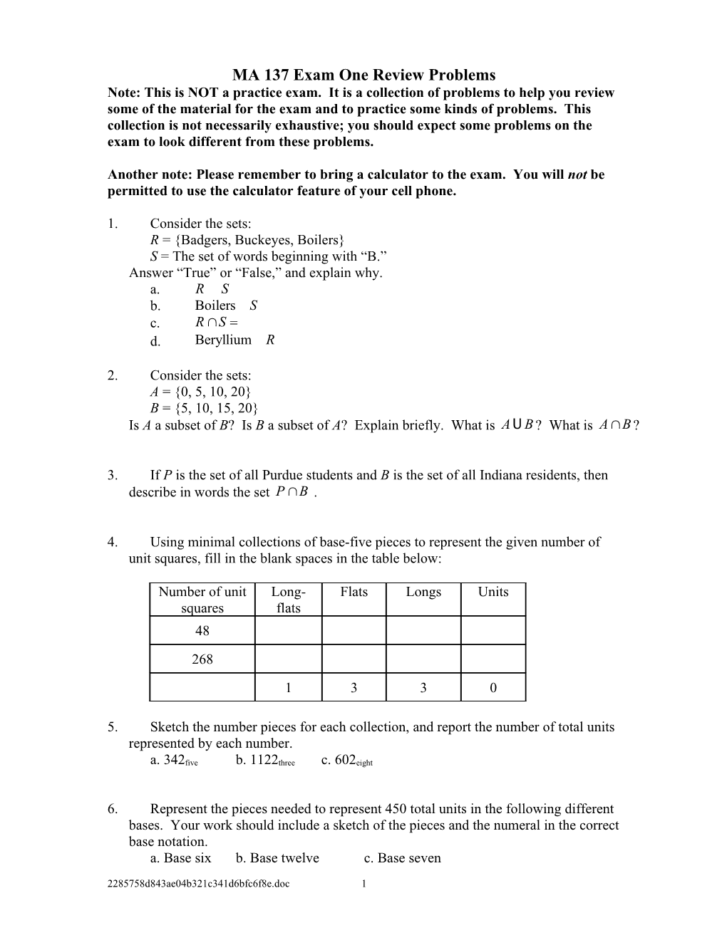 MA 137 Exam One Review Problems